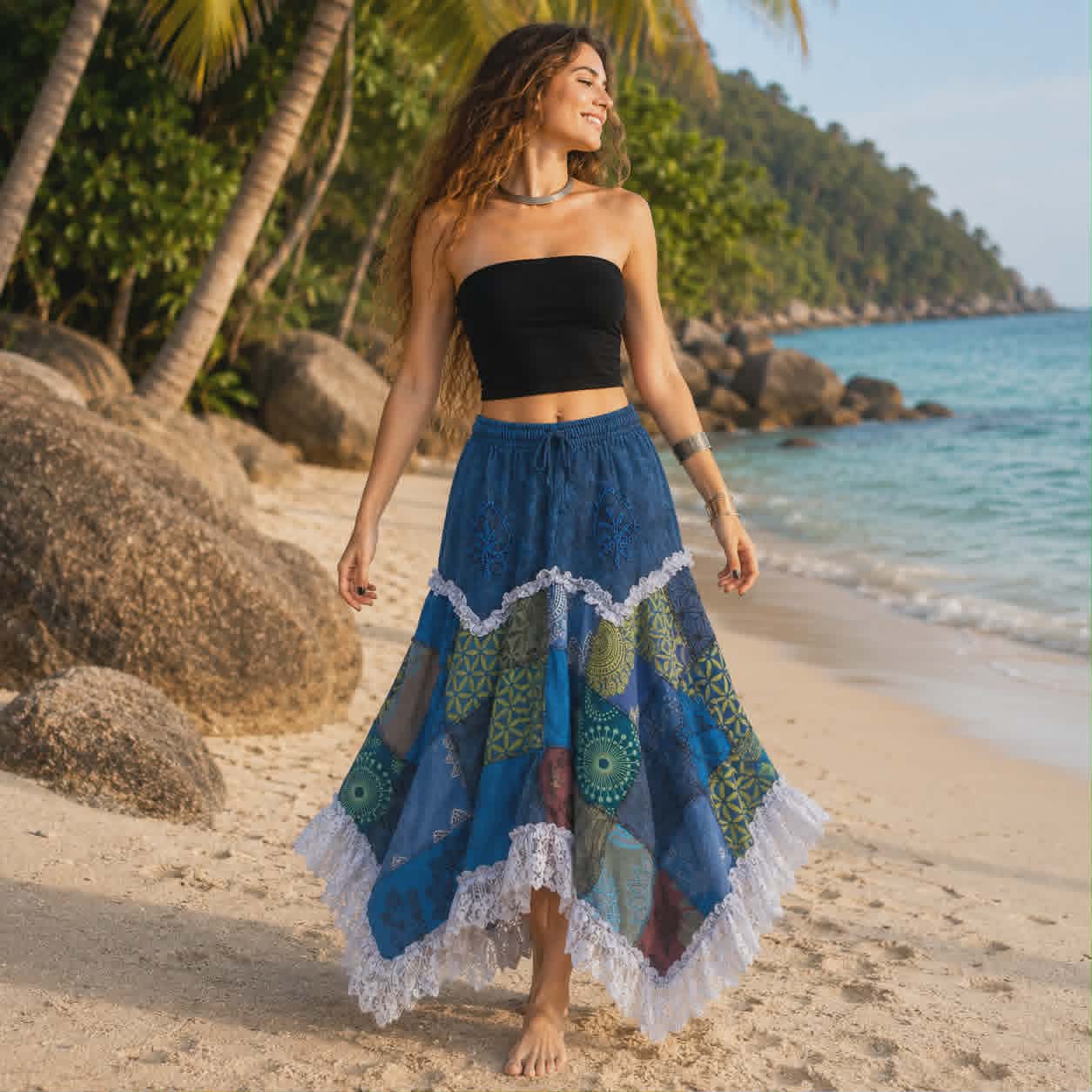 Fairy Pixie Patchwork Midi Skirt – Lace Detail | Various Colours