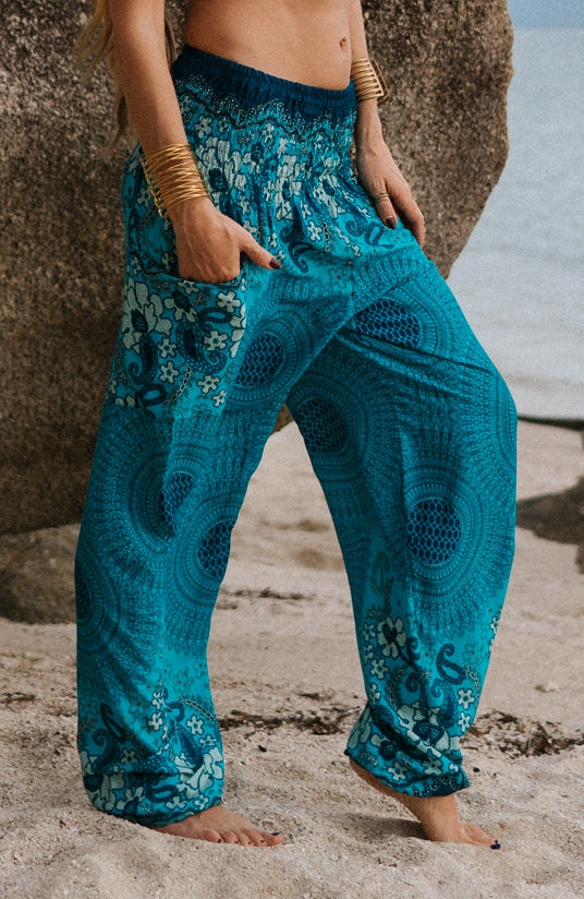 High Crotch Harem Pants - Mandala Flower - Turquoise