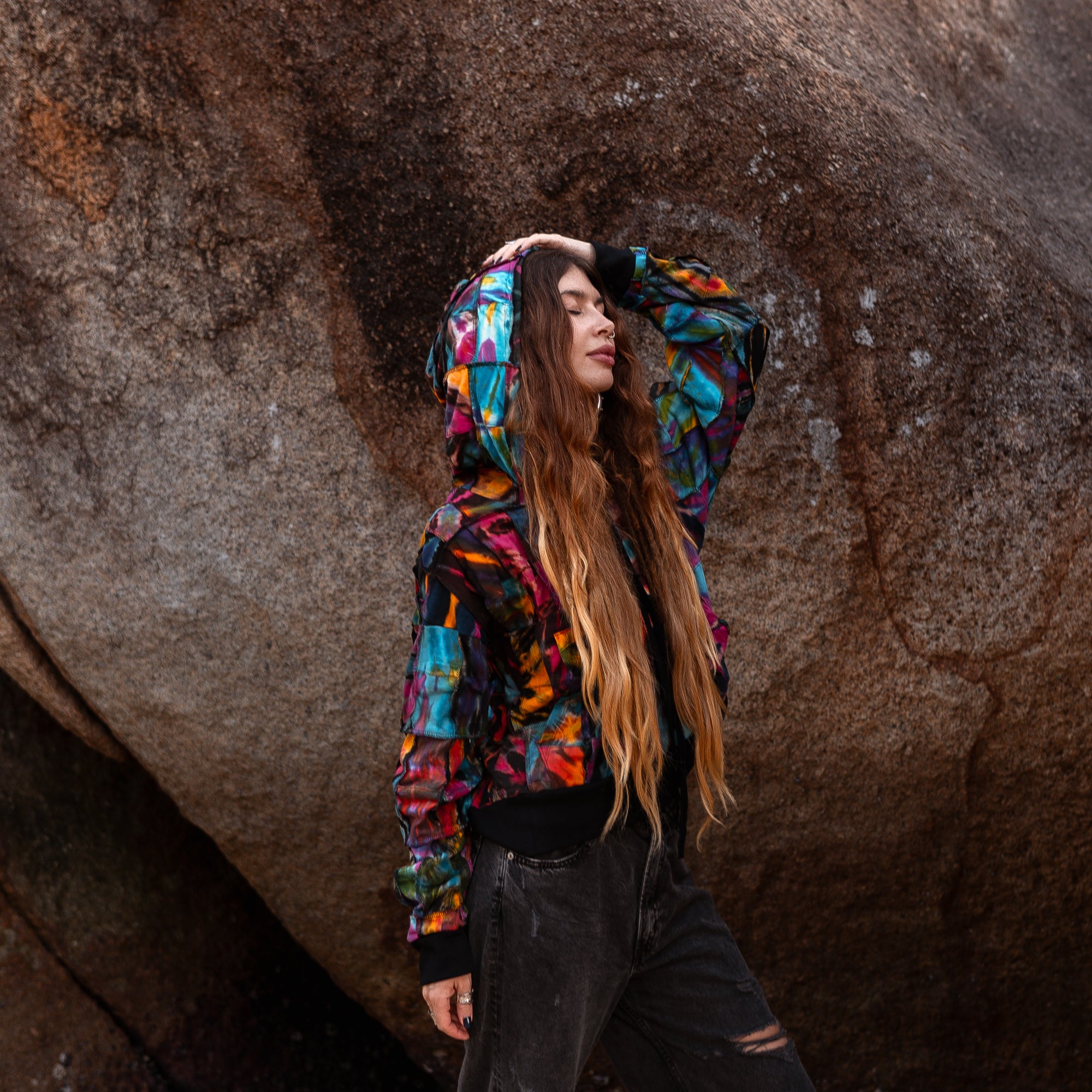 Patchwork Tie Dye Hoodie | 100% Cotton Boho Festival Jacket