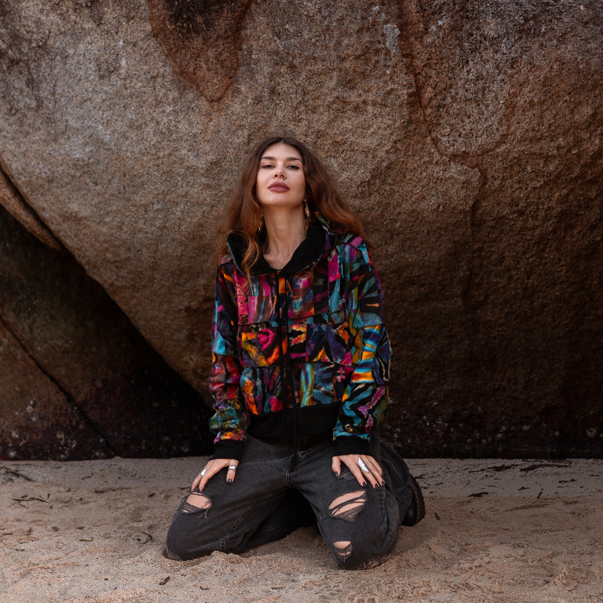 Patchwork Tie Dye Hoodie | 100% Cotton Boho Festival Jacket