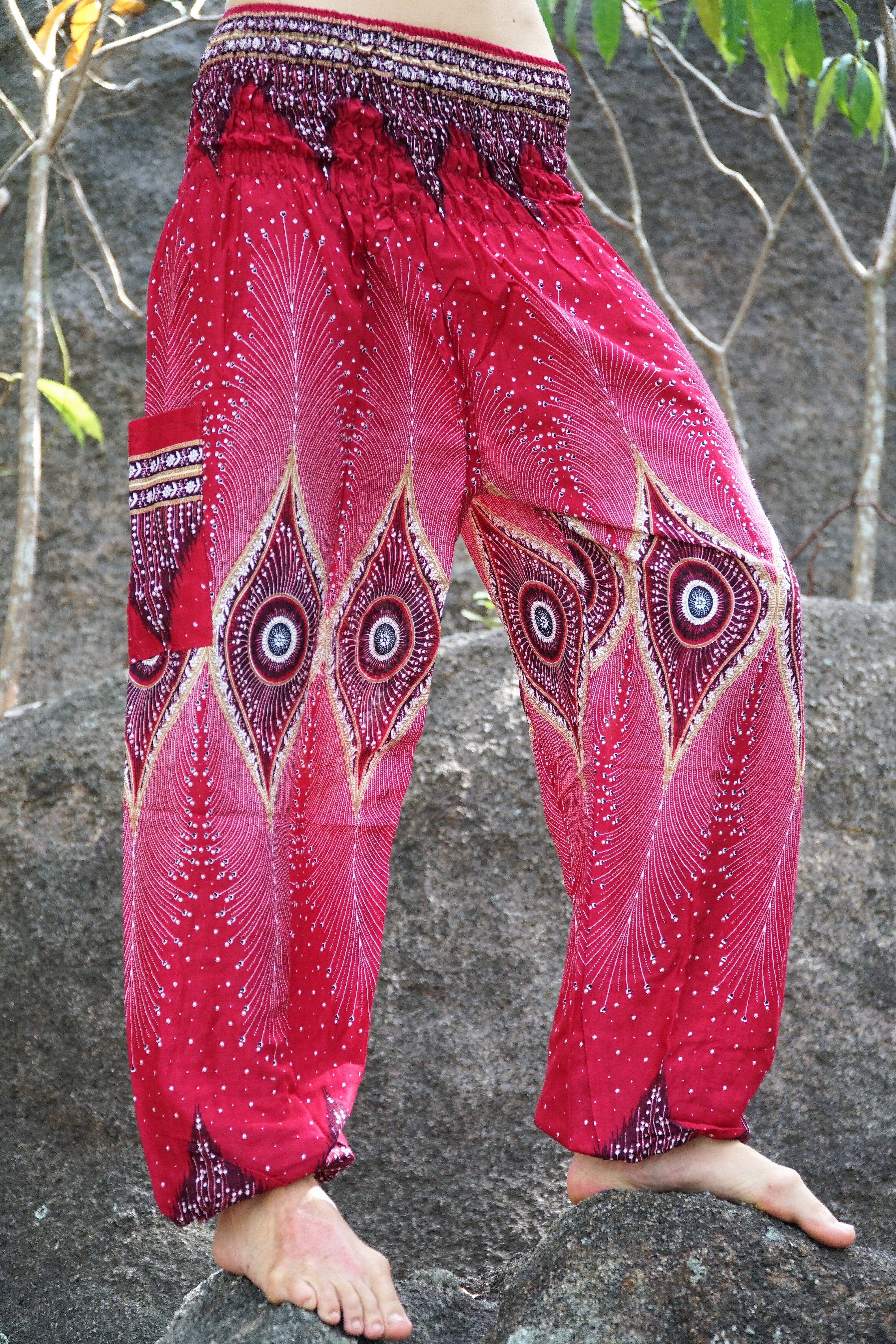 High Crotch Harem Pants - Diamond Peacock Feather - Red