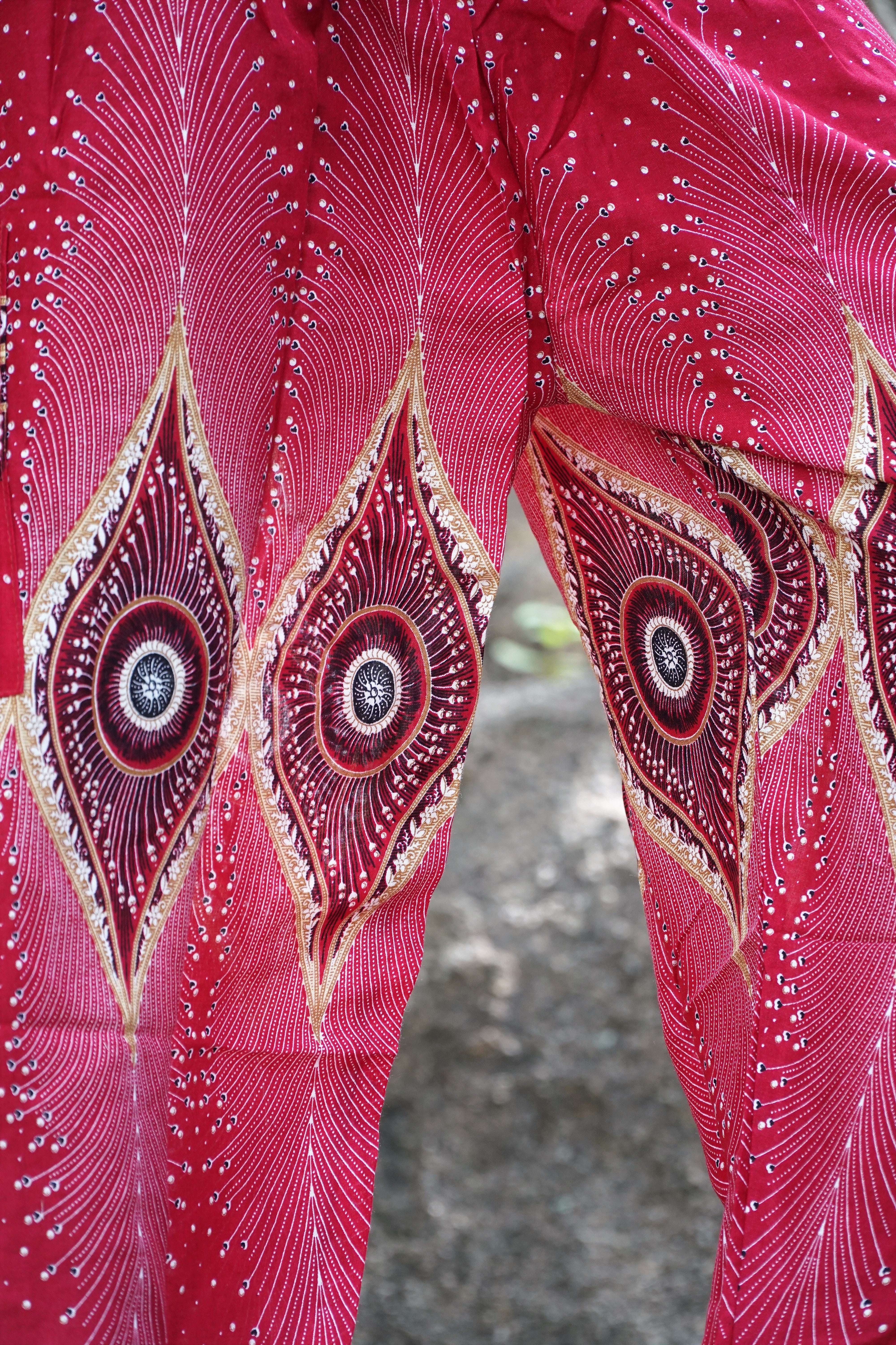 High Crotch Harem Pants - Diamond Peacock Feather - Red