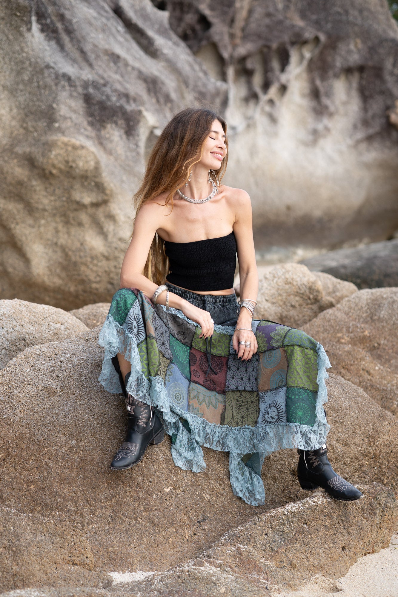 Fairy Pixie Patchwork Midi Skirt – Lace Detail | Various Colours