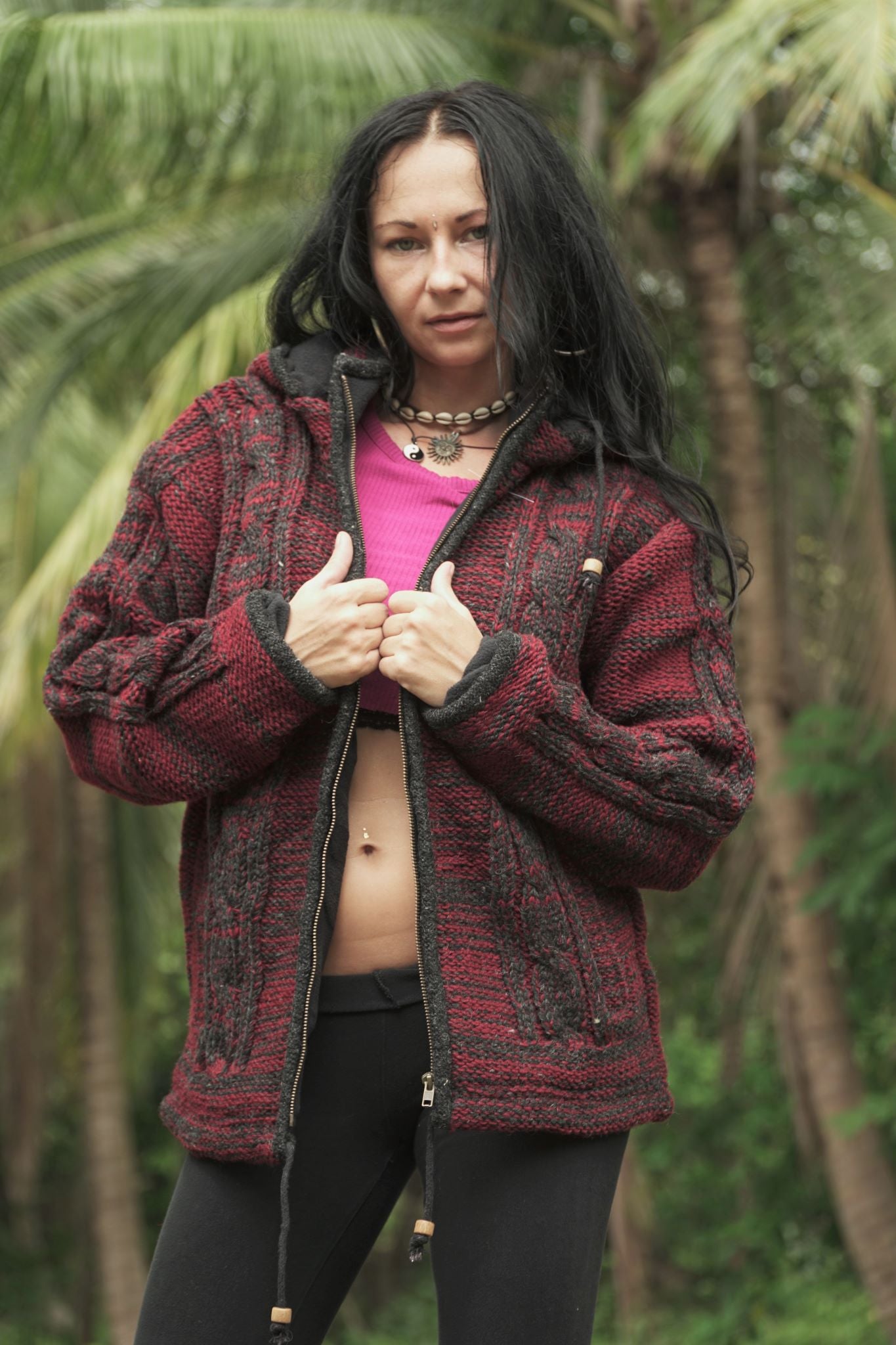 Wool Jacket - Cable Knit Aran - Maroon