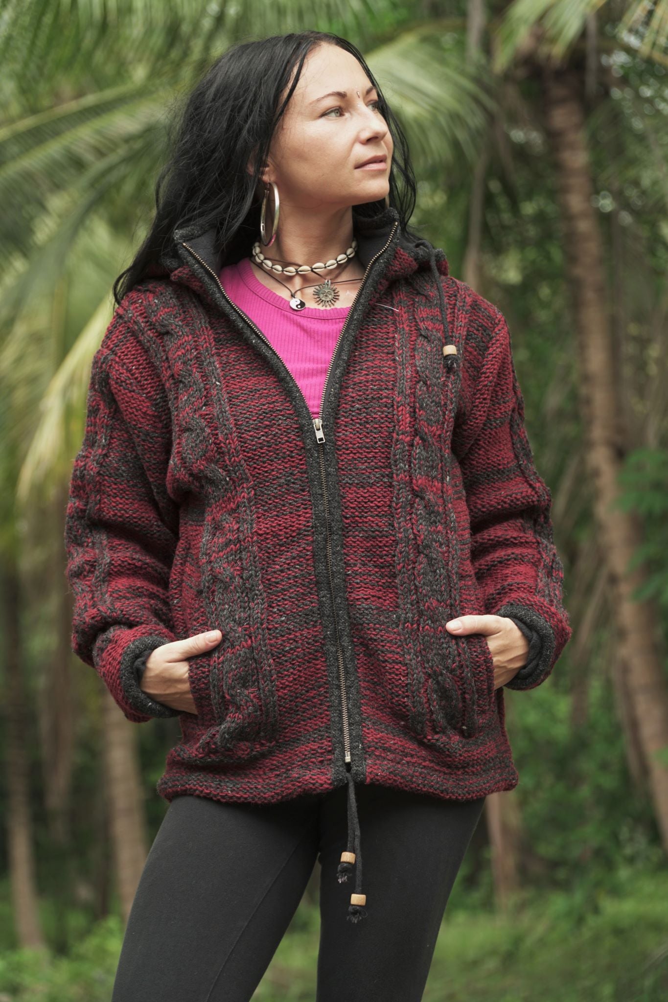 Wool Jacket - Cable Knit Aran - Maroon