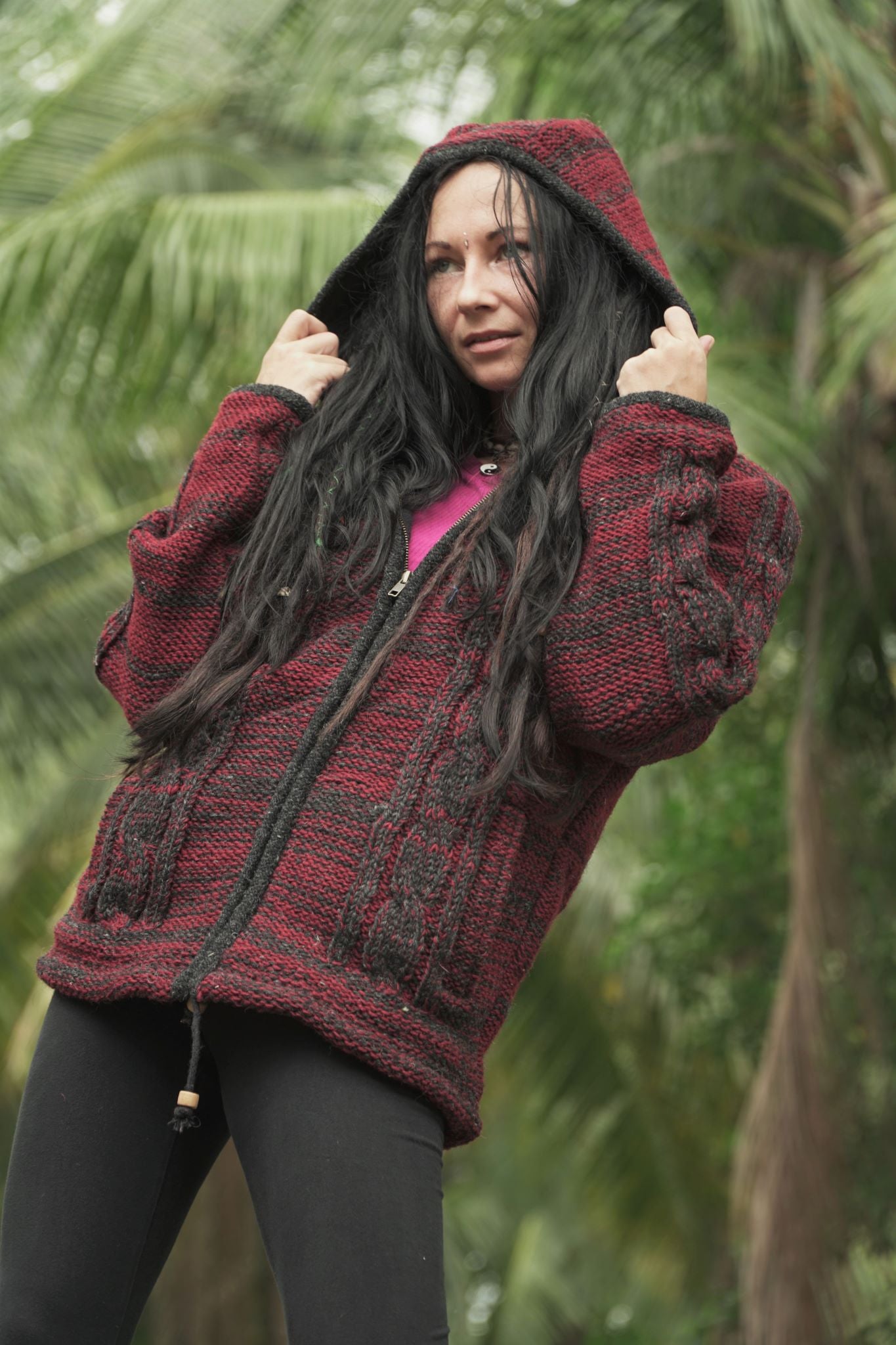 Wool Jacket - Cable Knit Aran - Maroon