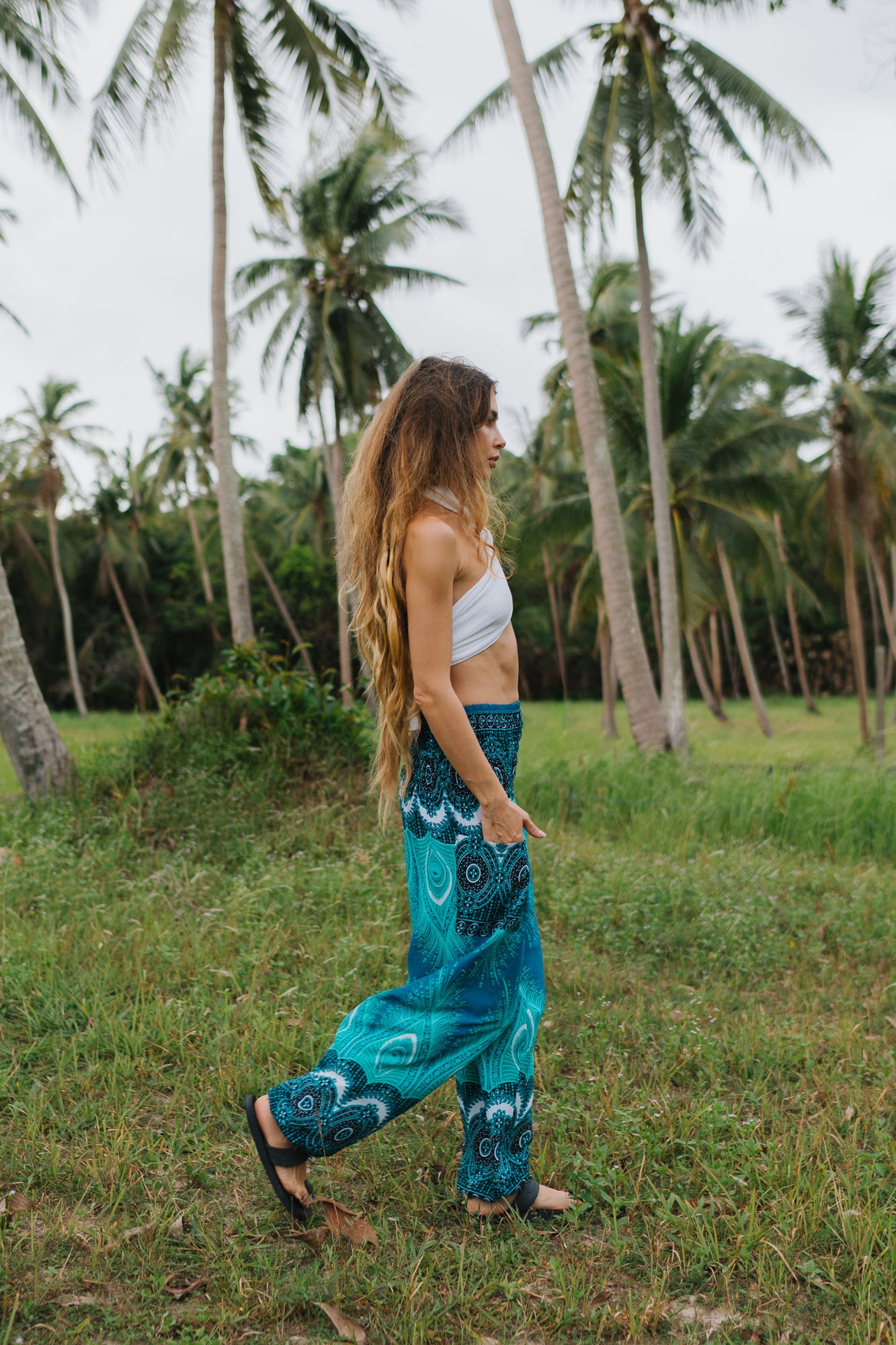 High Crotch Harem Pants - Vibrant Peacock Feather - Turquoise