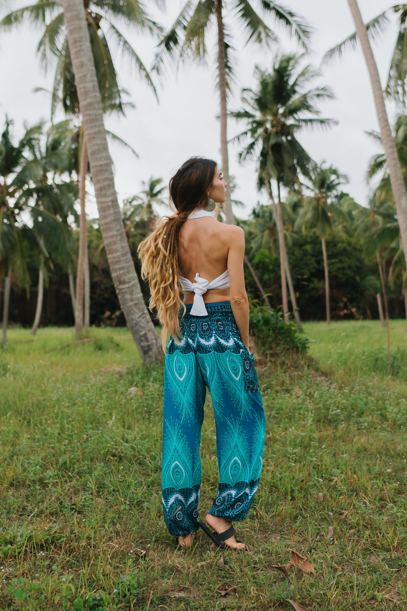 High Crotch Harem Pants - Vibrant Peacock Feather - Turquoise