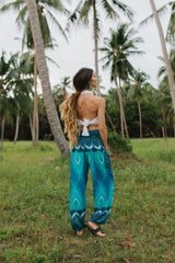High Crotch Harem Pants - Vibrant Peacock Feather - Turquoise