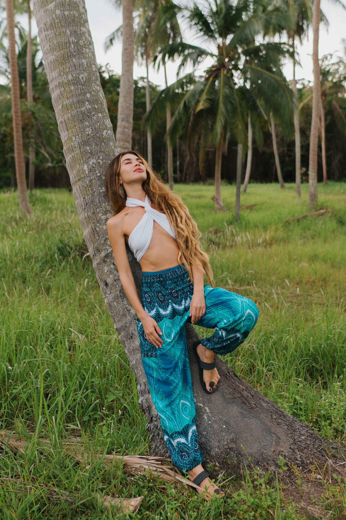 High Crotch Harem Pants - Vibrant Peacock Feather - Turquoise