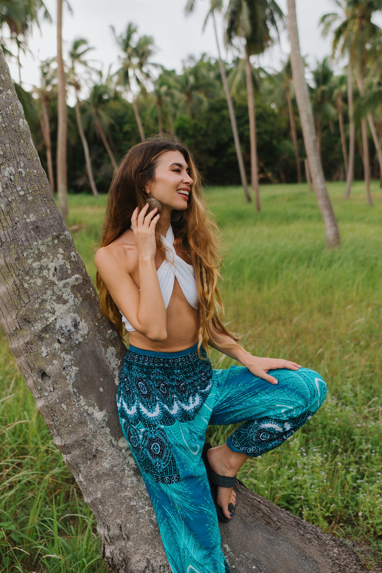 High Crotch Harem Pants - Vibrant Peacock Feather - Turquoise