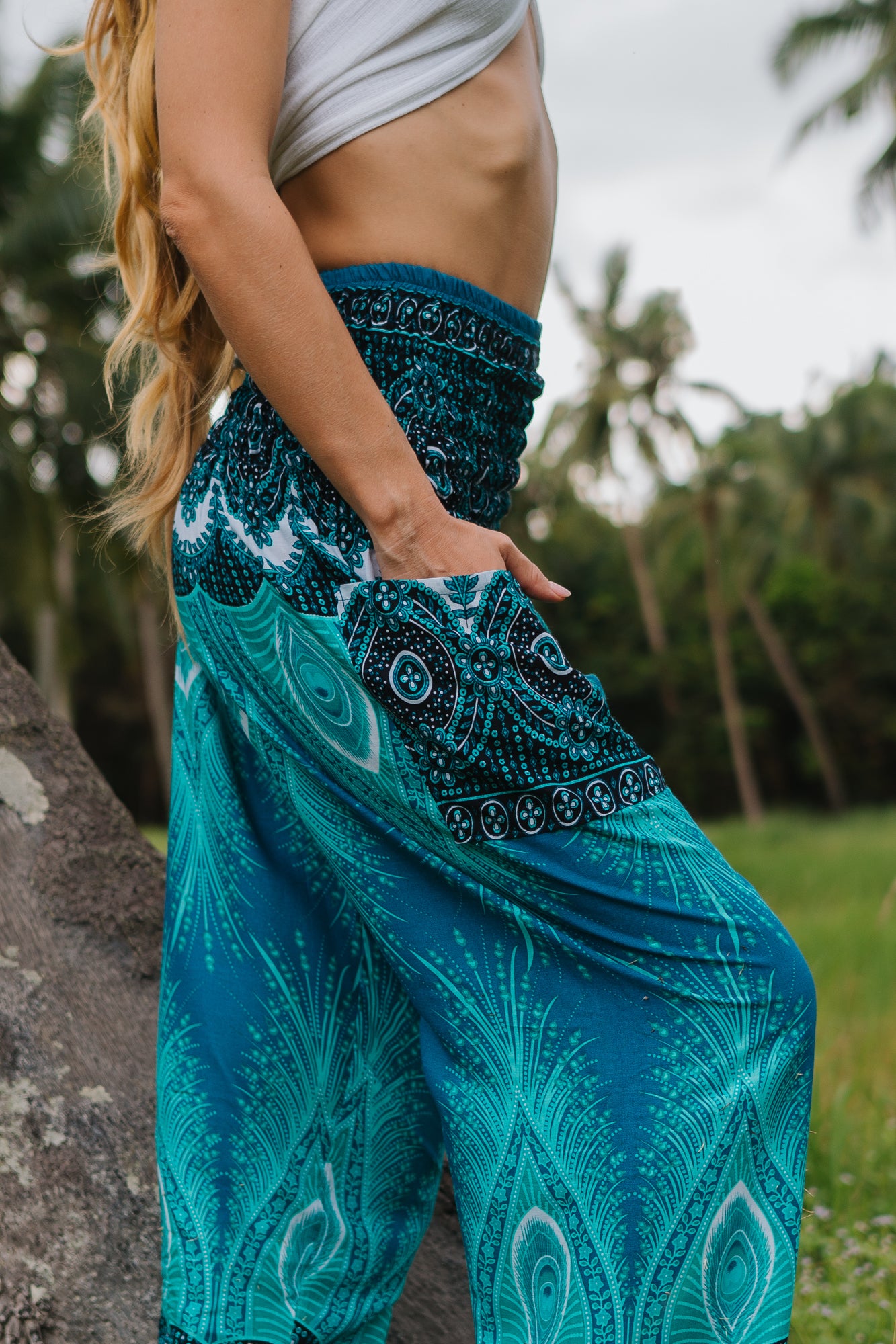 High Crotch Harem Pants - Vibrant Peacock Feather - Turquoise