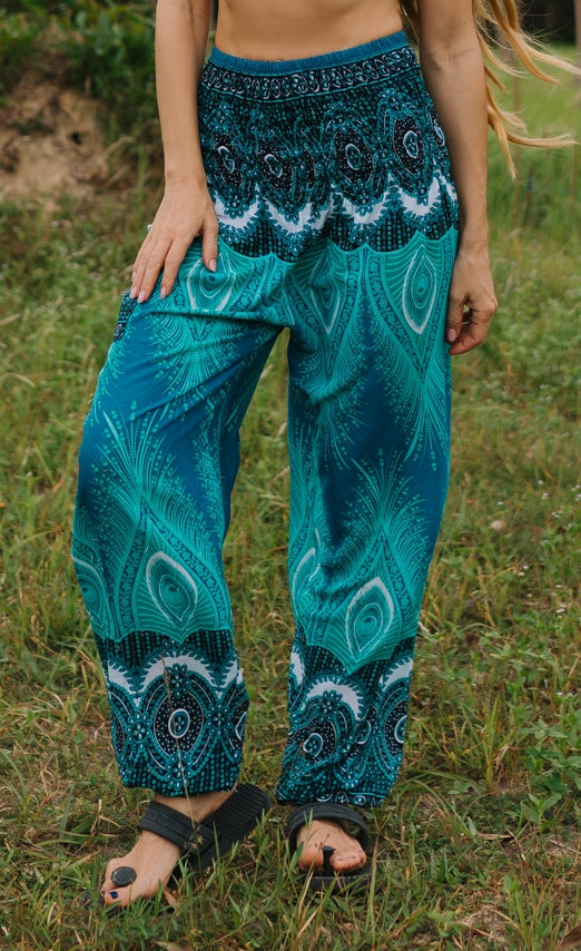 High Crotch Harem Pants - Vibrant Peacock Feather Print - Aqua