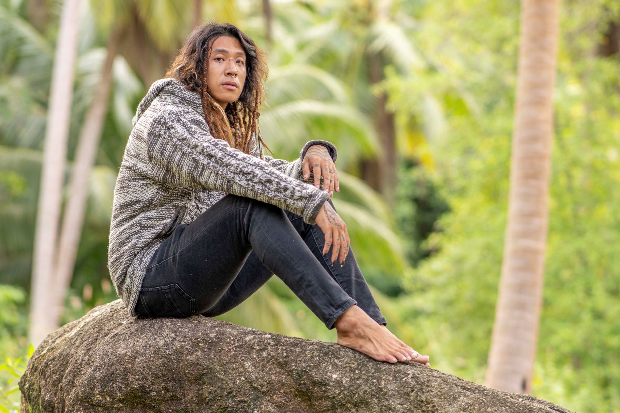 Wool Jacket - Cable Knit Aran - Brown/Cream Marl