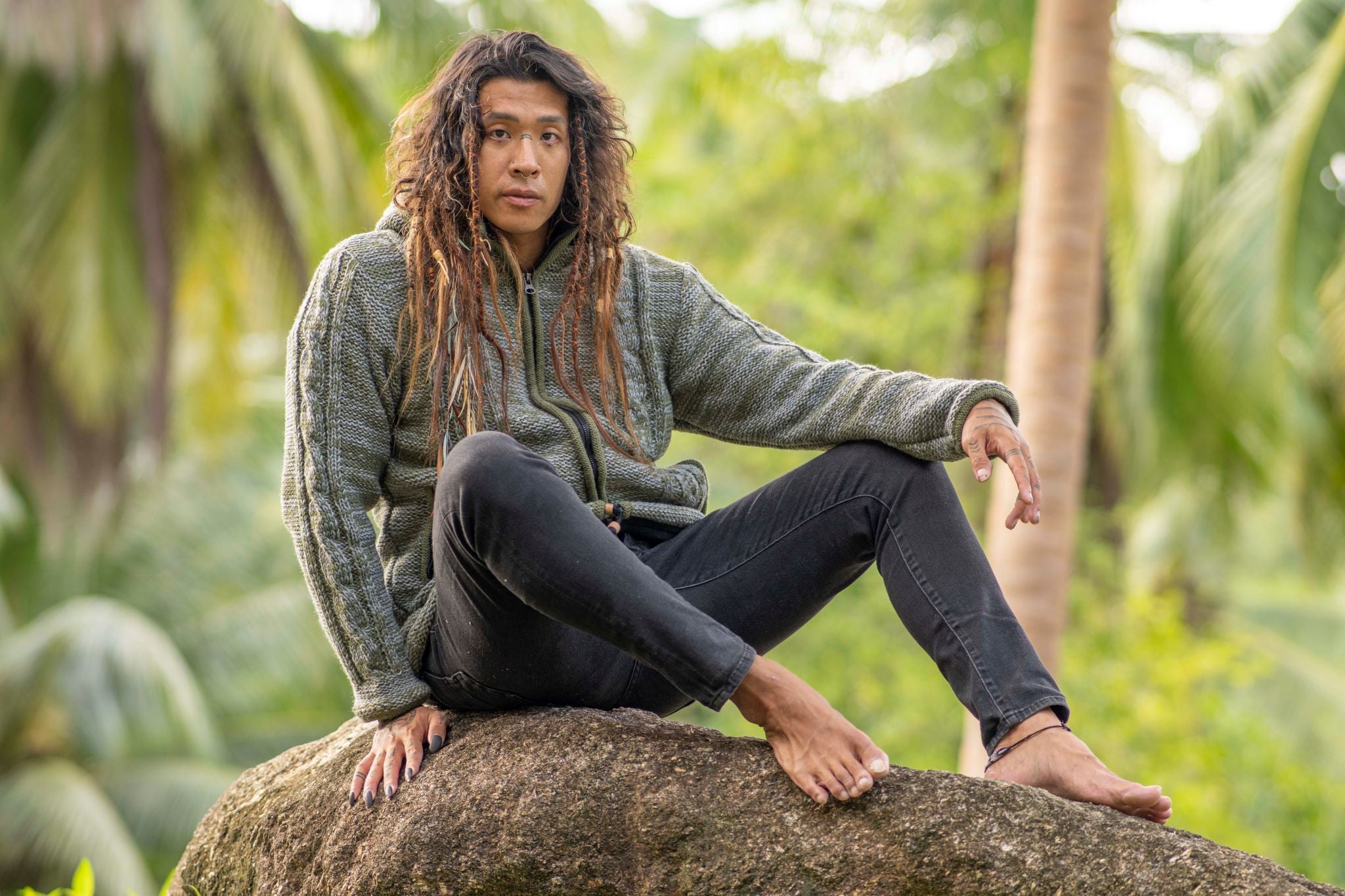 Wool Jacket - Cable Knit Aran - Olive Green