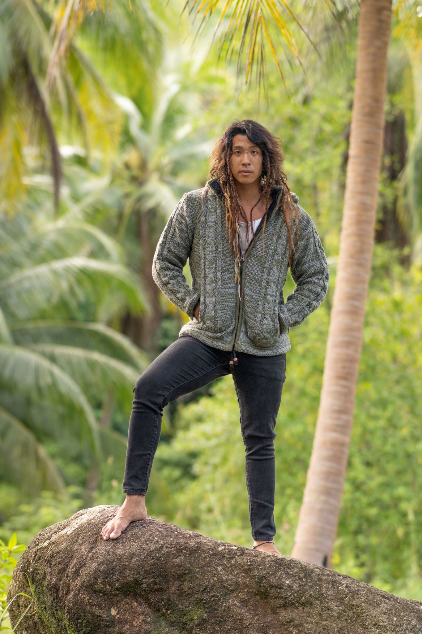 Wool Jacket - Cable Knit Aran - Olive Green