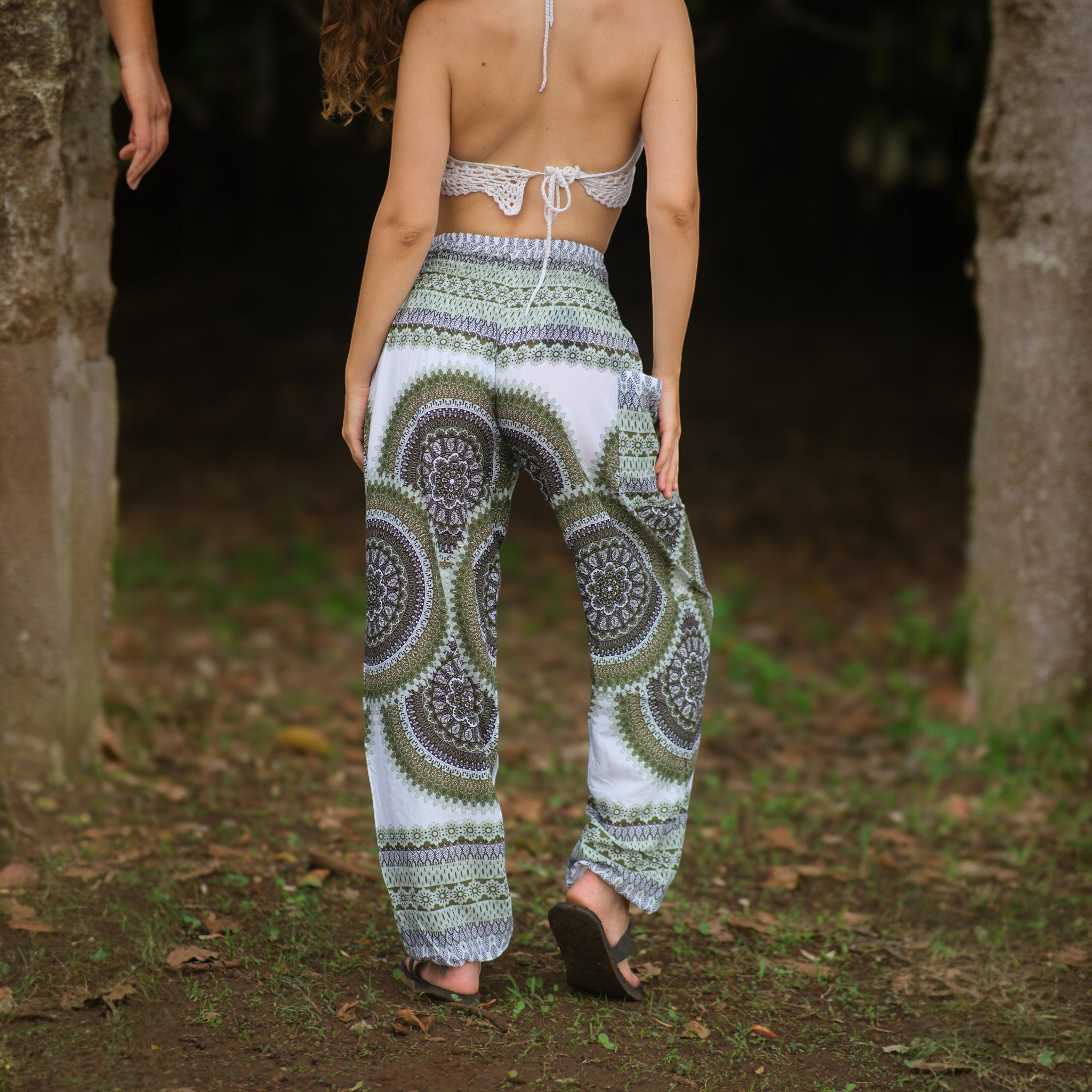 White Mandala High Cut Harem Pants - Green