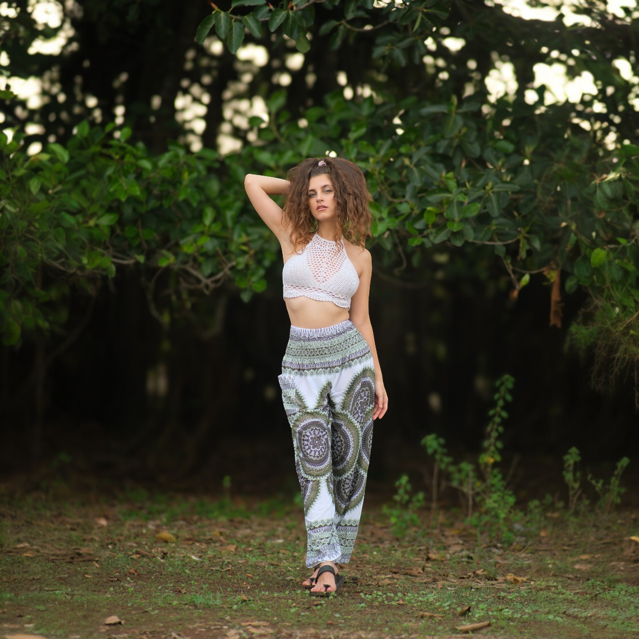 White Mandala High Cut Harem Pants - Green