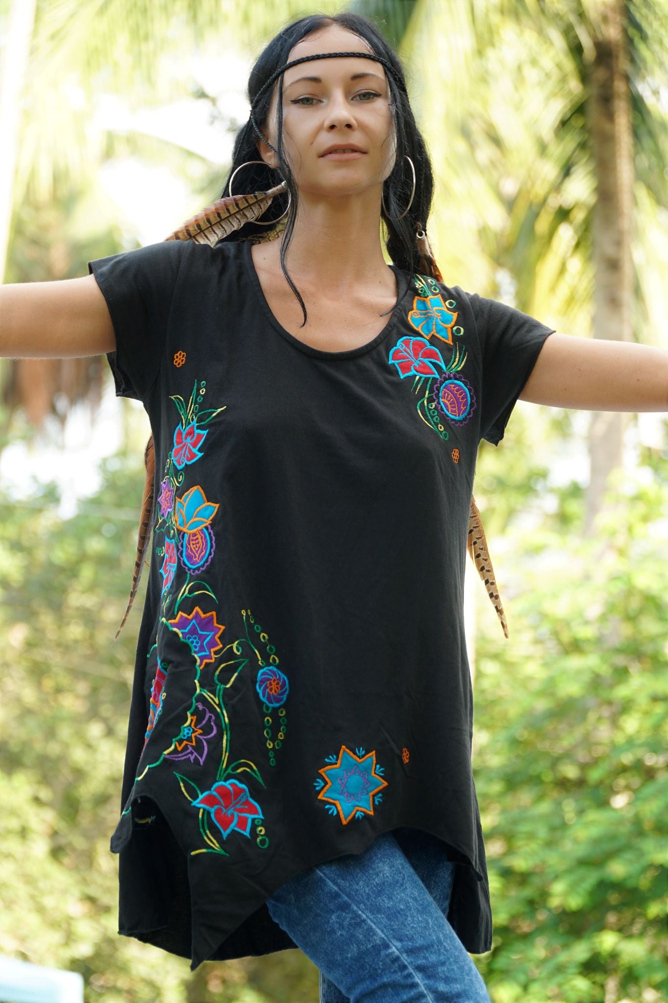 Black Boho Embroidered Top With Handkerchief Hem