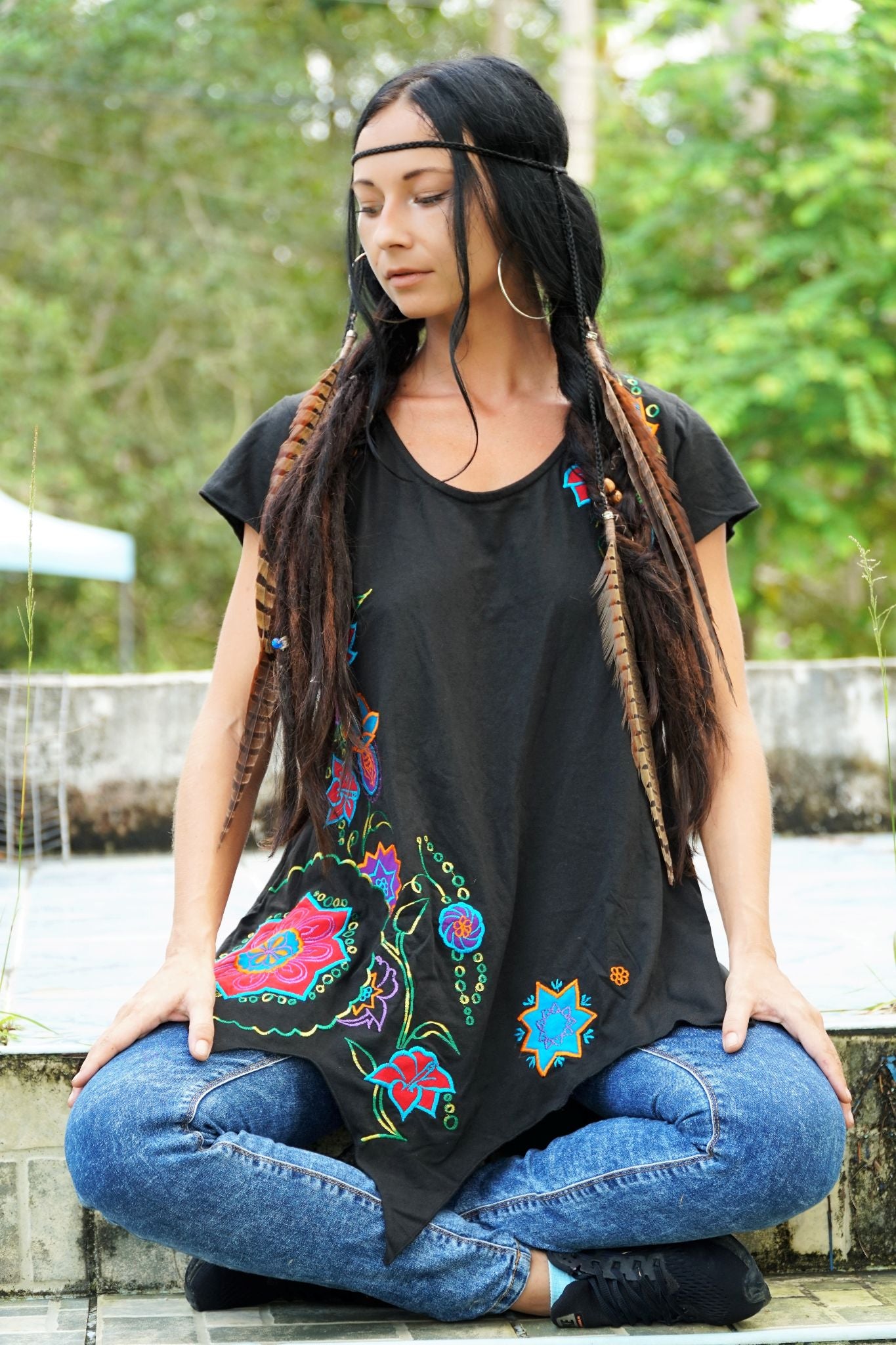 Black Boho Embroidered Top With Handkerchief Hem