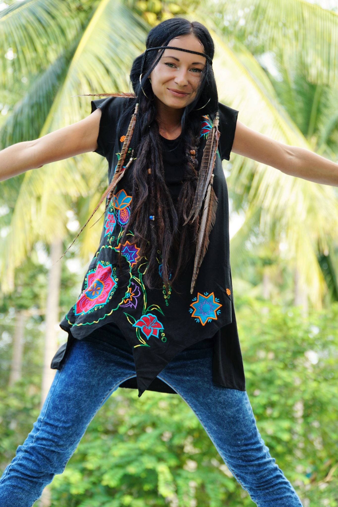 Black Boho Embroidered Top With Handkerchief Hem
