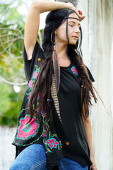 Black Boho Embroidered Top With Handkerchief Hem