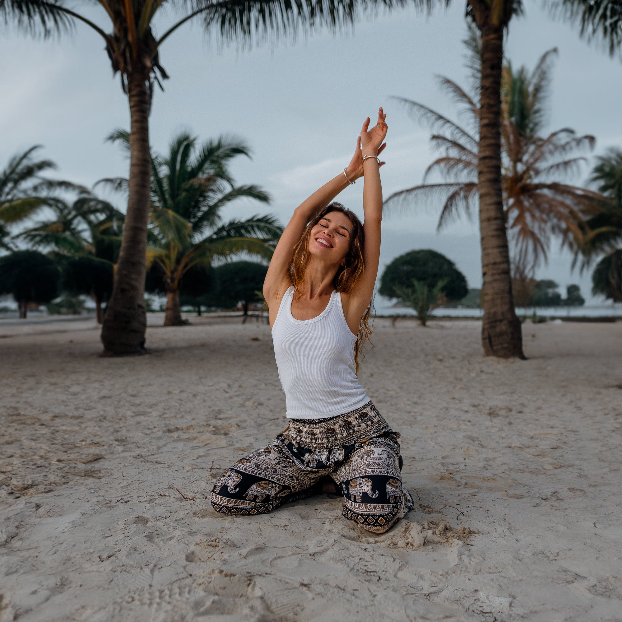 High Crotch Harem Pants - Elephant Print - Black