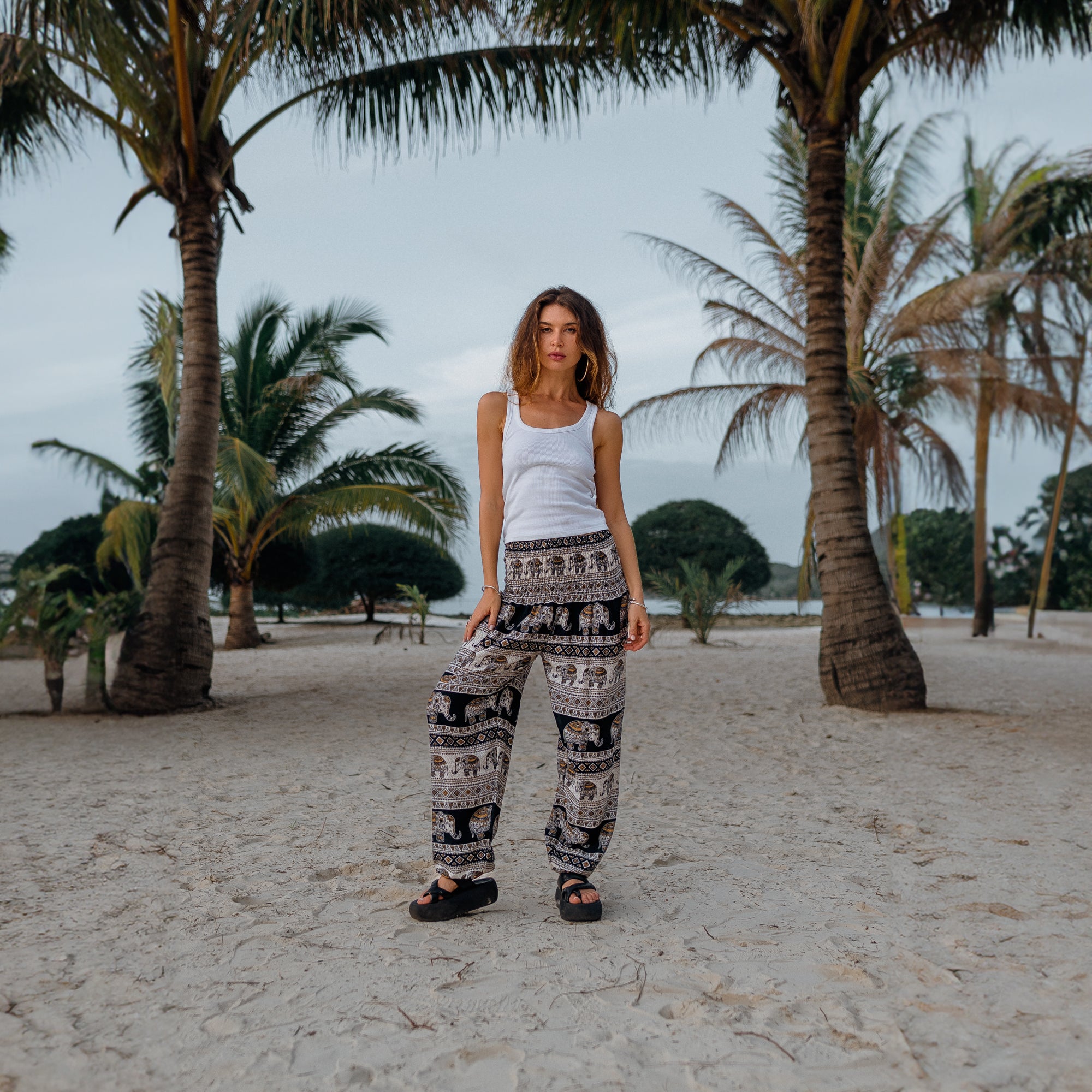 High Crotch Harem Pants - Elephant Print - Black