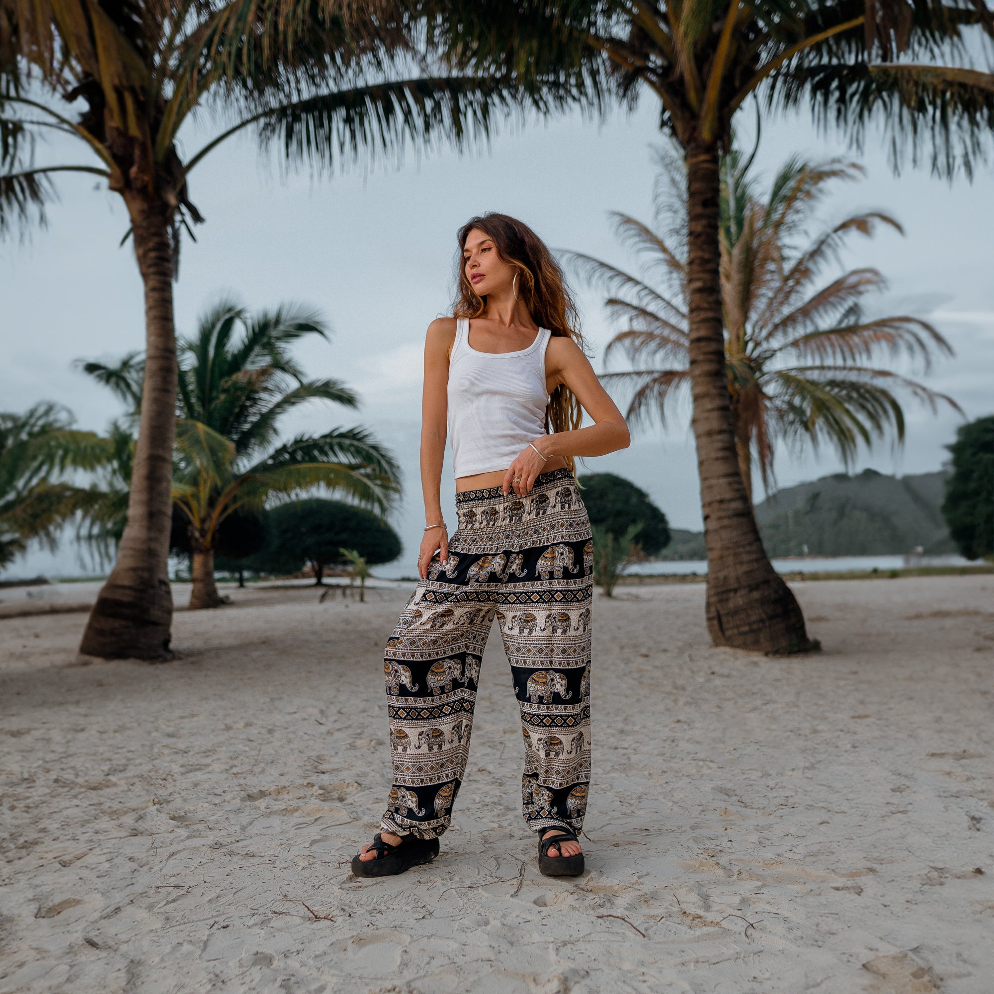 High Crotch Harem Pants - Elephant Print - Black