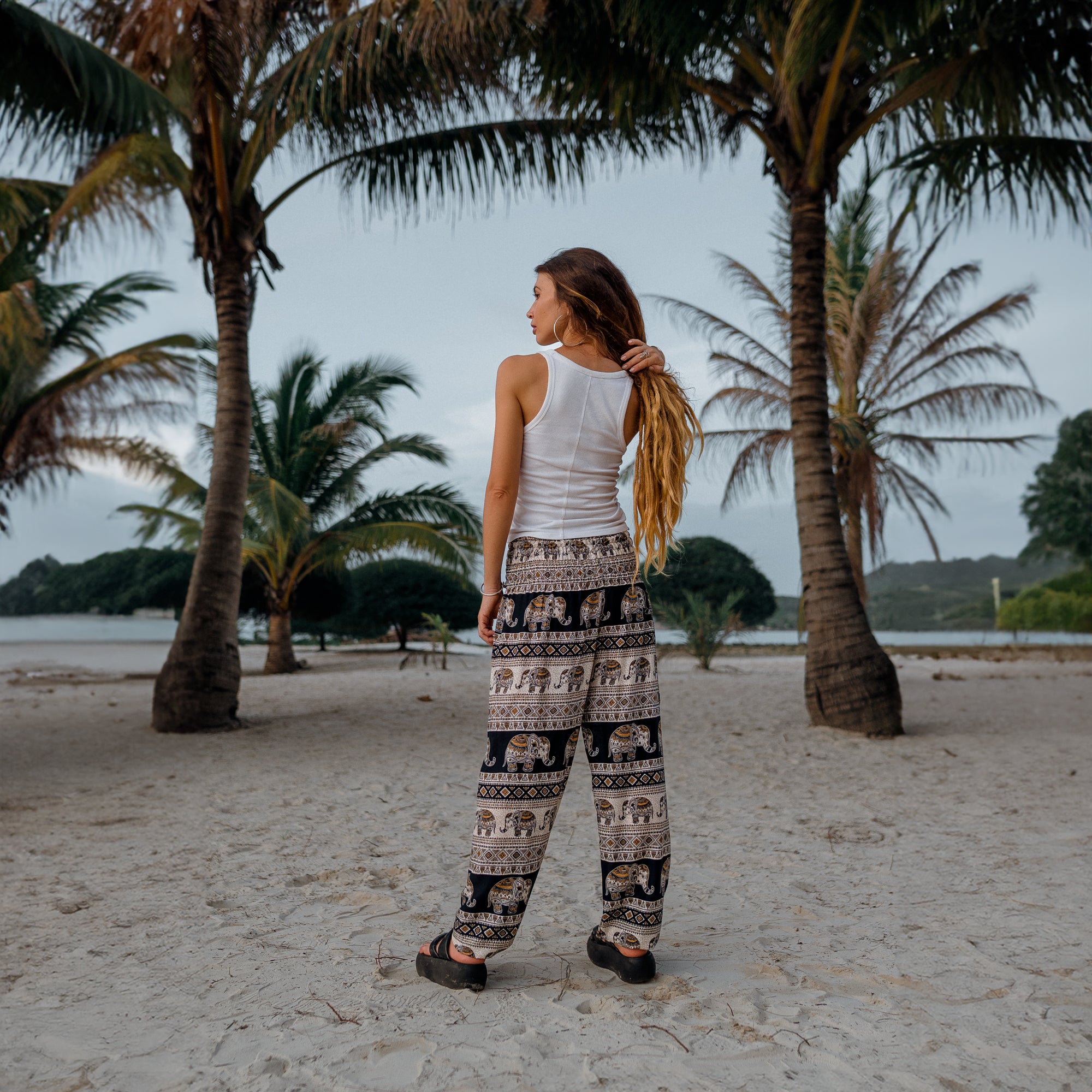 High Crotch Harem Pants - Elephant Print - Black