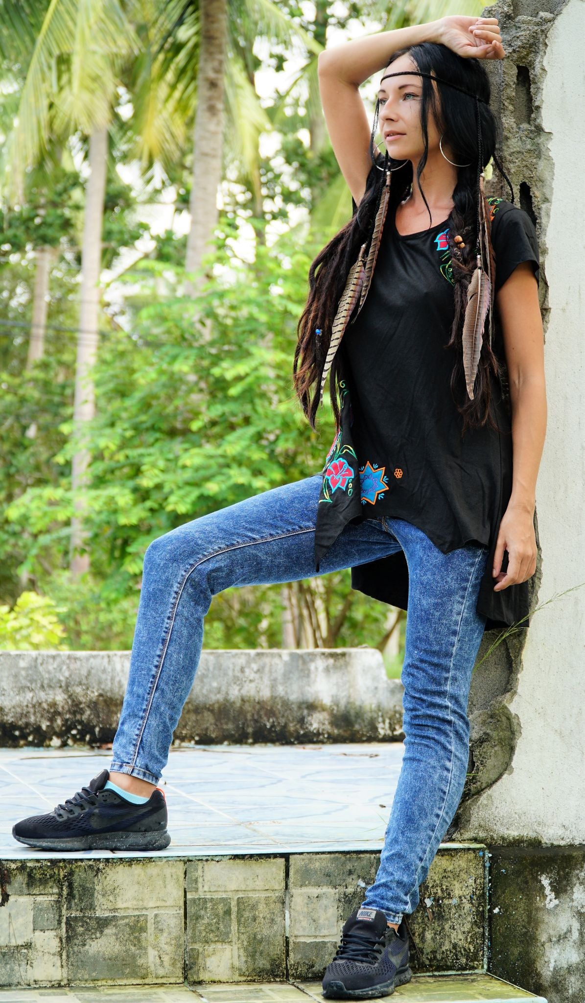 Black Boho Embroidered Top With Handkerchief Hem