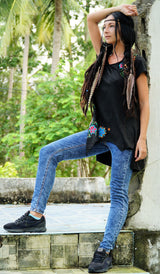 Black Boho Embroidered Top With Handkerchief Hem