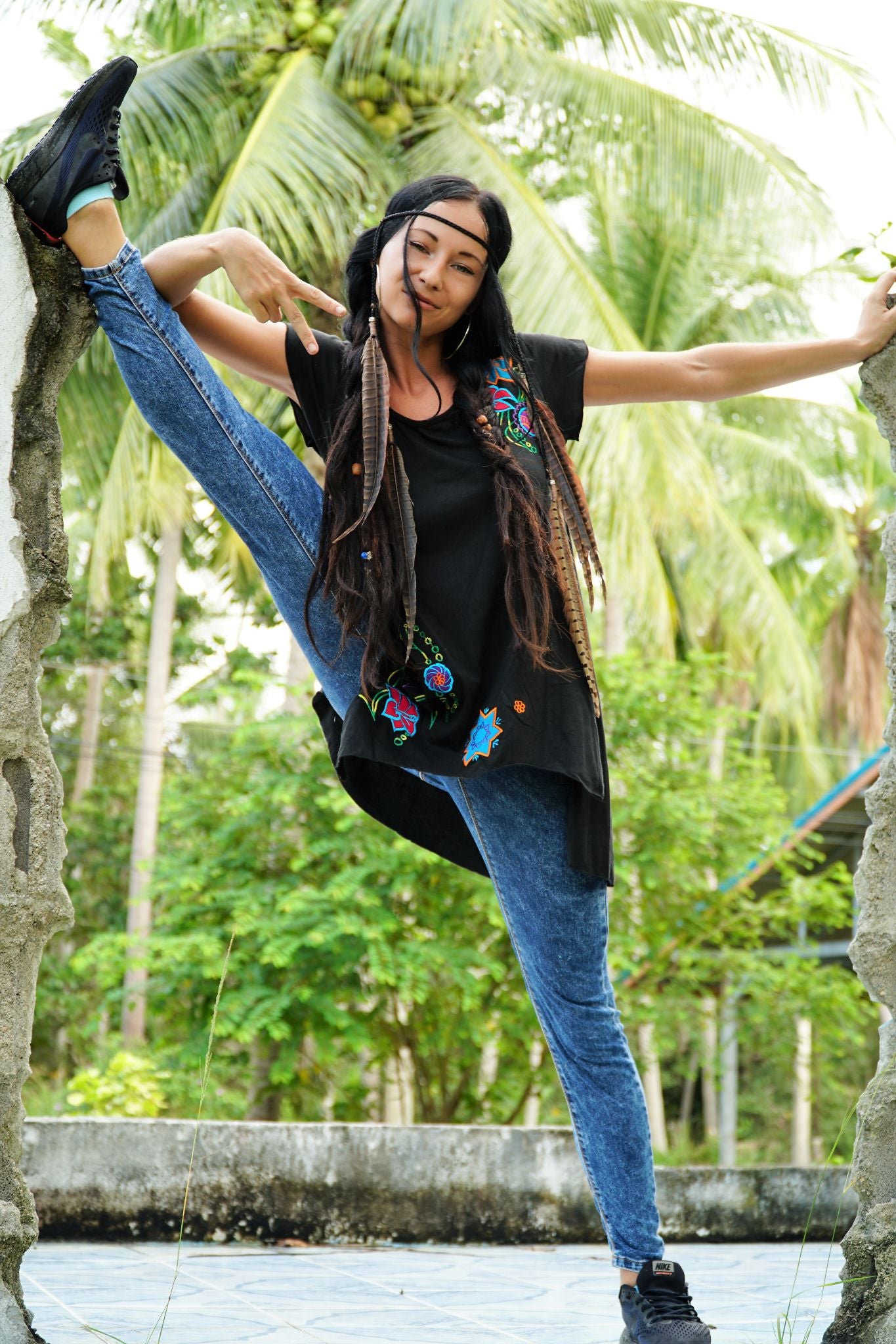 Black Boho Embroidered Top With Handkerchief Hem