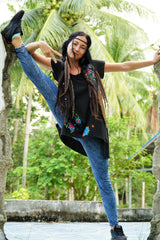 Black Boho Embroidered Top With Handkerchief Hem