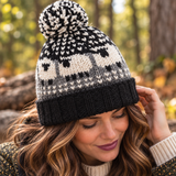 Grey, Cream & Black Sheep Wool Hat with Pom Pom - Fleece Lined
