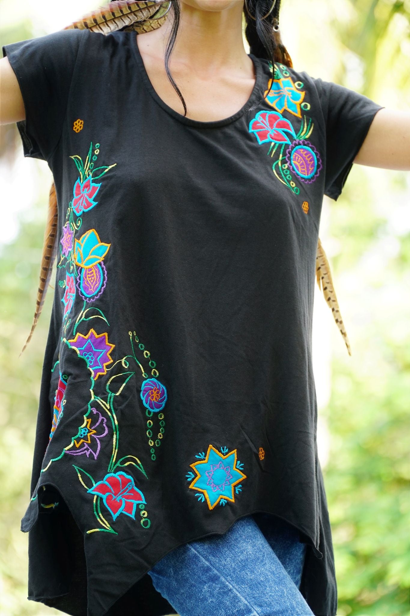 Black Boho Embroidered Top With Handkerchief Hem