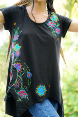 Black Boho Embroidered Top With Handkerchief Hem
