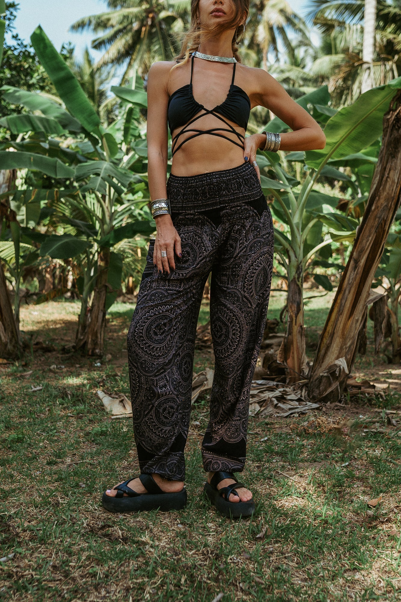 High Crotch Harem Pants - Intricate Mandala - Black