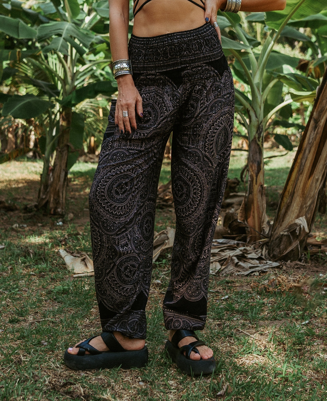 High Crotch Harem Pants - Intricate Mandala - Black