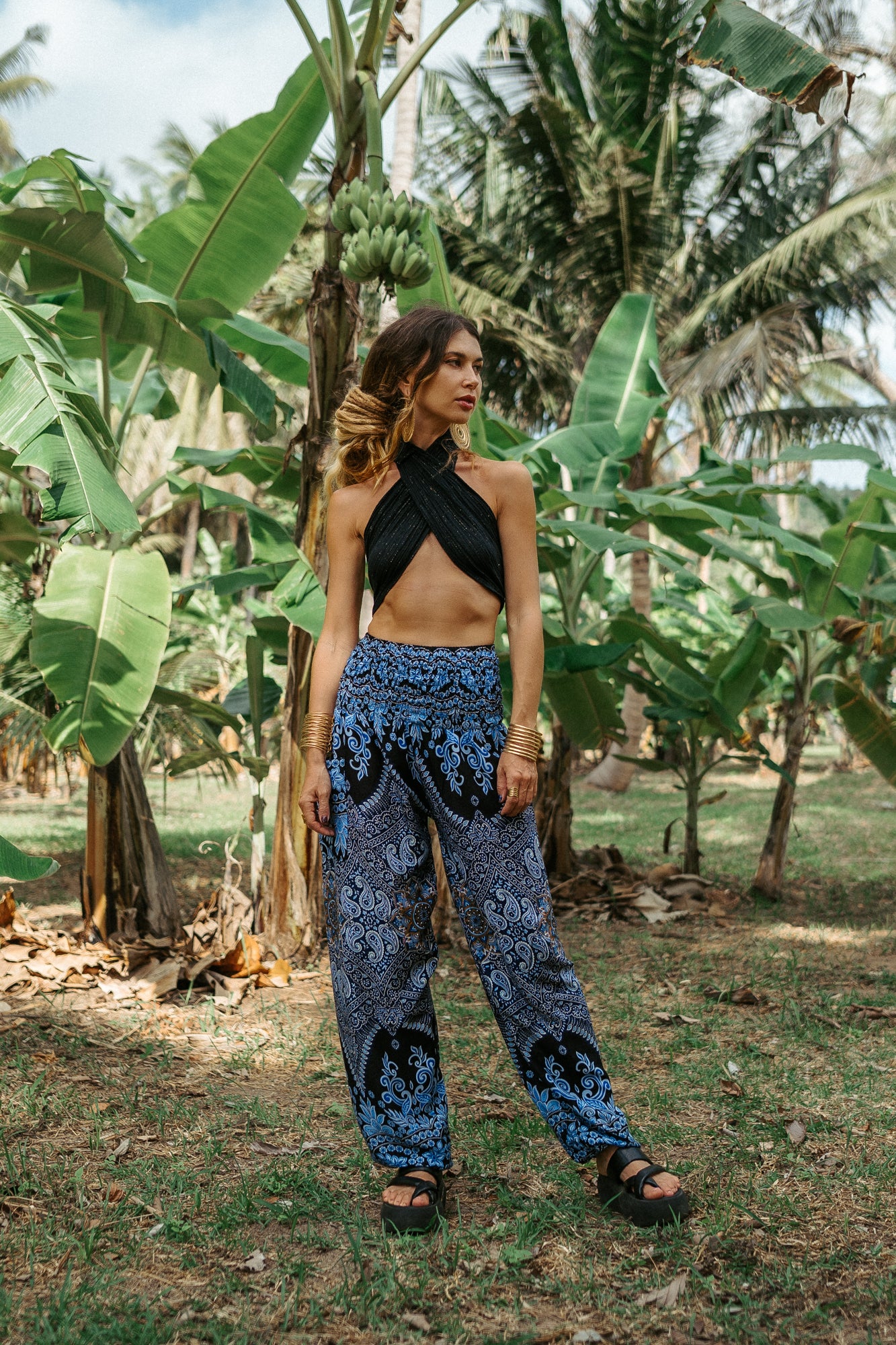 High Crotch Harem Pants - Paisley - Blue & Black