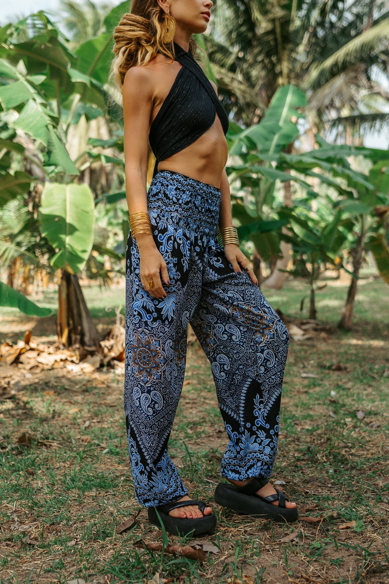 High Crotch Harem Pants - Paisley - Blue & Black