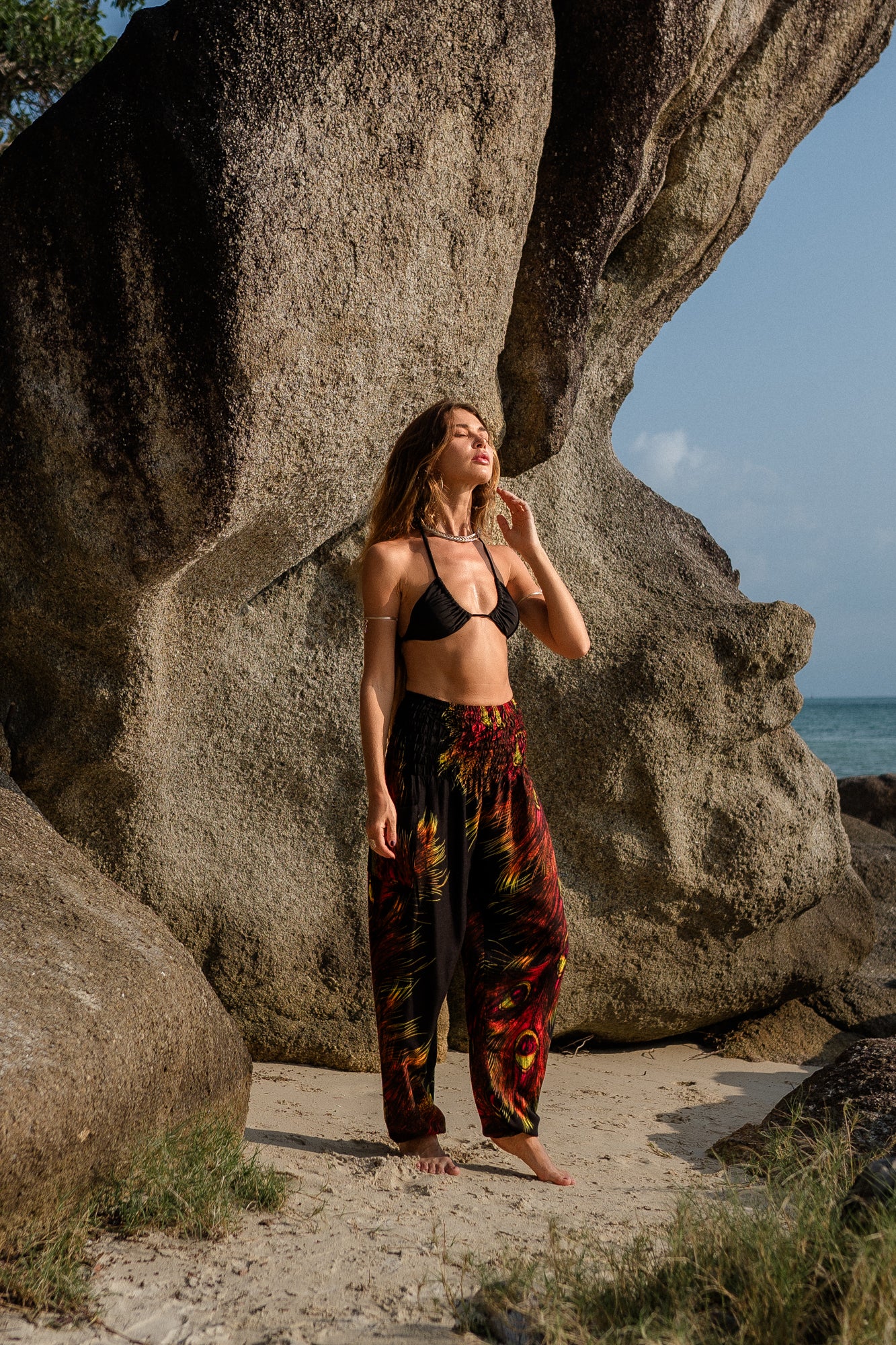 High Crotch Harem Pants - Flame Peacock Feather - Black