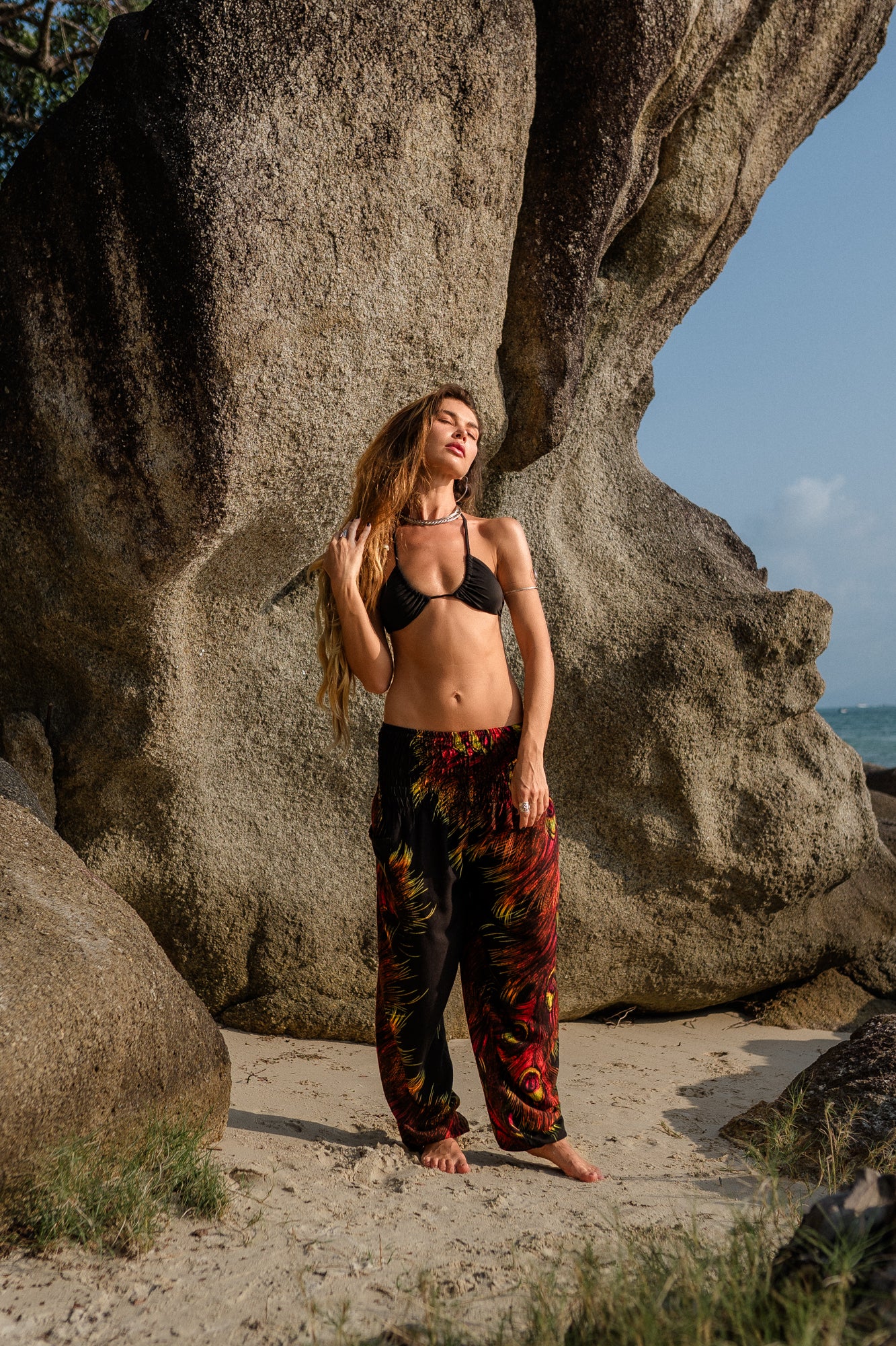 High Crotch Harem Pants - Flame Peacock Feather - Black