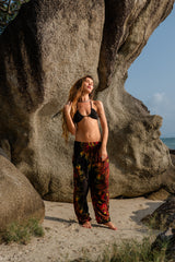 High Crotch Harem Pants - Flame Peacock Feather - Black
