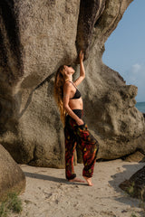 High Crotch Harem Pants - Flame Peacock Feather - Black