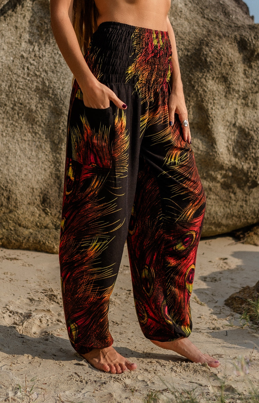 High Crotch Harem Pants - Flame Peacock Feather - Black