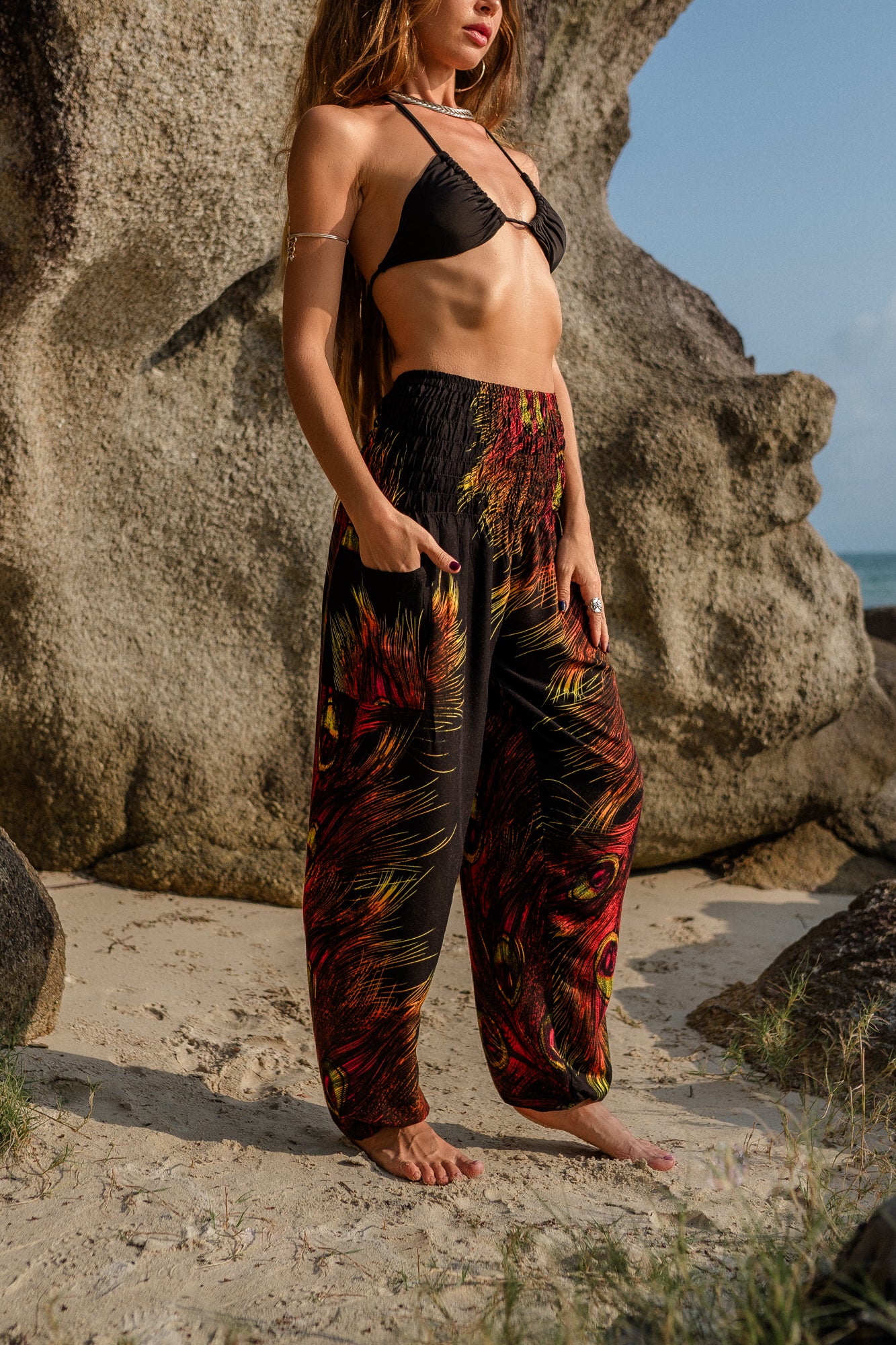 High Crotch Harem Pants - Flame Peacock Feather - Black