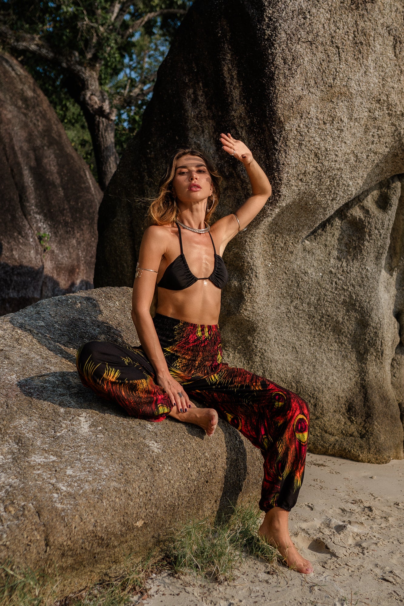 High Crotch Harem Pants - Flame Peacock Feather - Black
