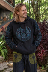 Men wearing a warm black fleece-lined tribal hoodie with geometric print and relaxed hippie trousers