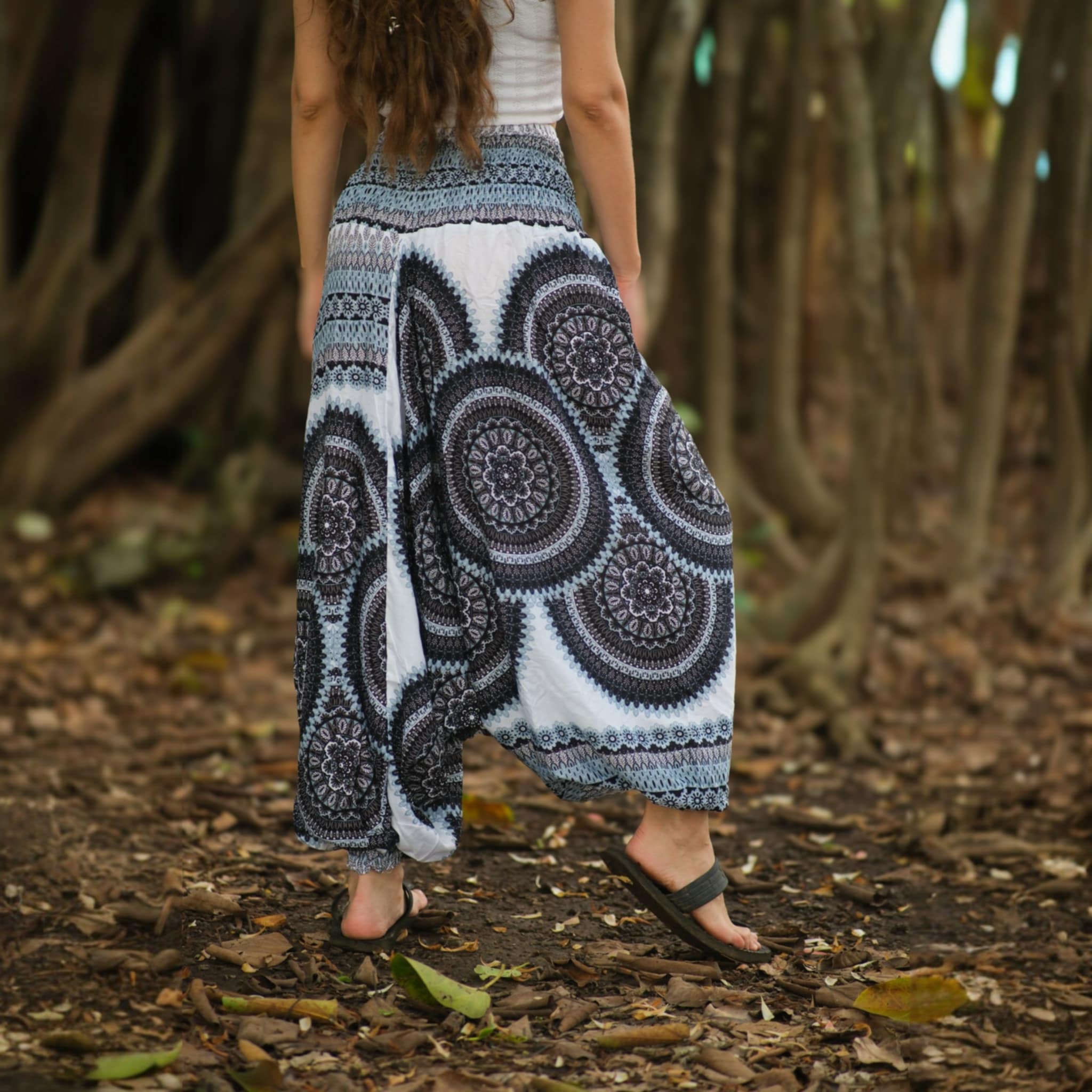 Black and white mandala harem pants made from lightweight rayon, boho hippie yoga trousers for summer, festivals, and casual wear